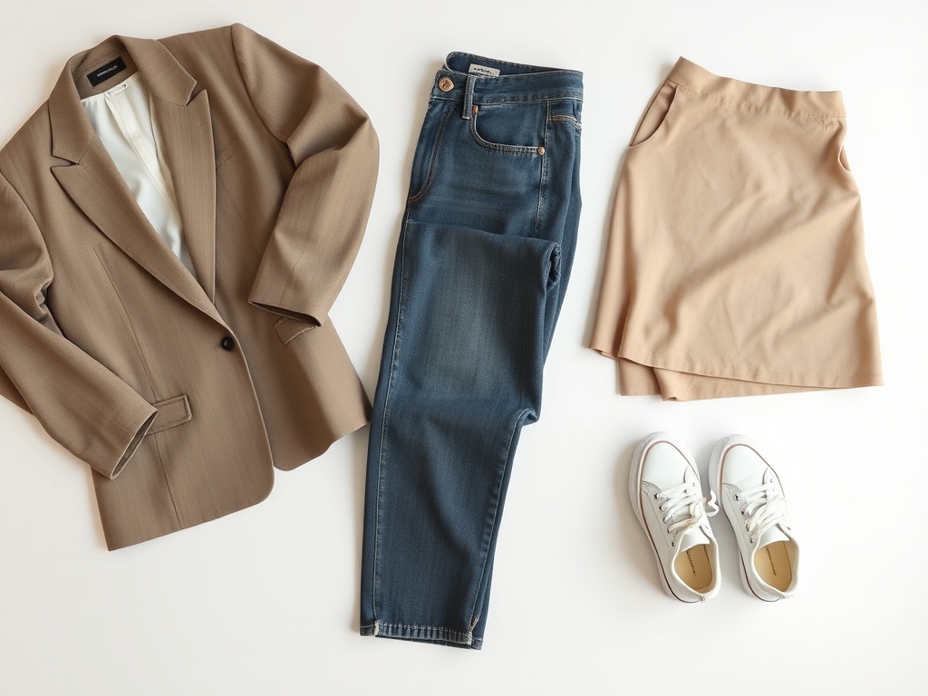 flat lay of capsule wardrobe pieces in neutral tones including blazer, jeans, skirt, sneakers, clean aesthetic