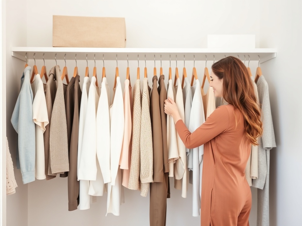 woman organizing closet with neatly arranged neutral outfits, minimal wardrobe, bright room