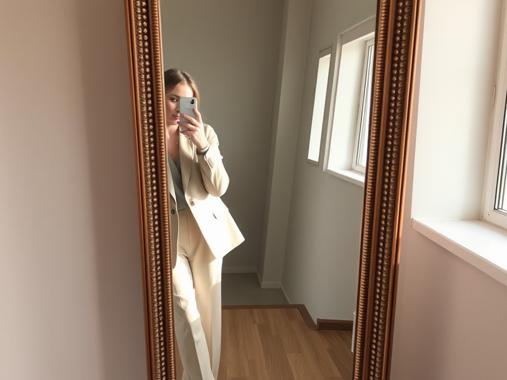 woman styling outfit in mirror wearing neutral blazer and trousers, affordable fashion aesthetic, natural lighting