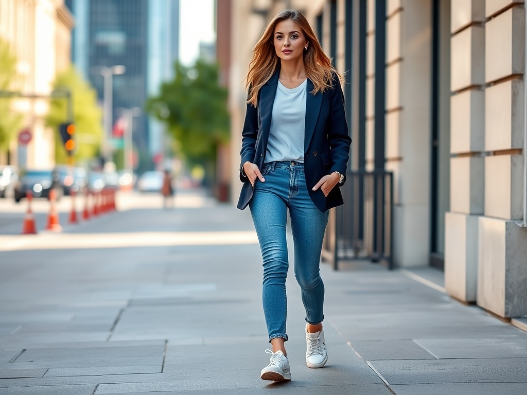 woman wearing casual chic outfit with blazer jeans and sneakers walking in city street, confident posture