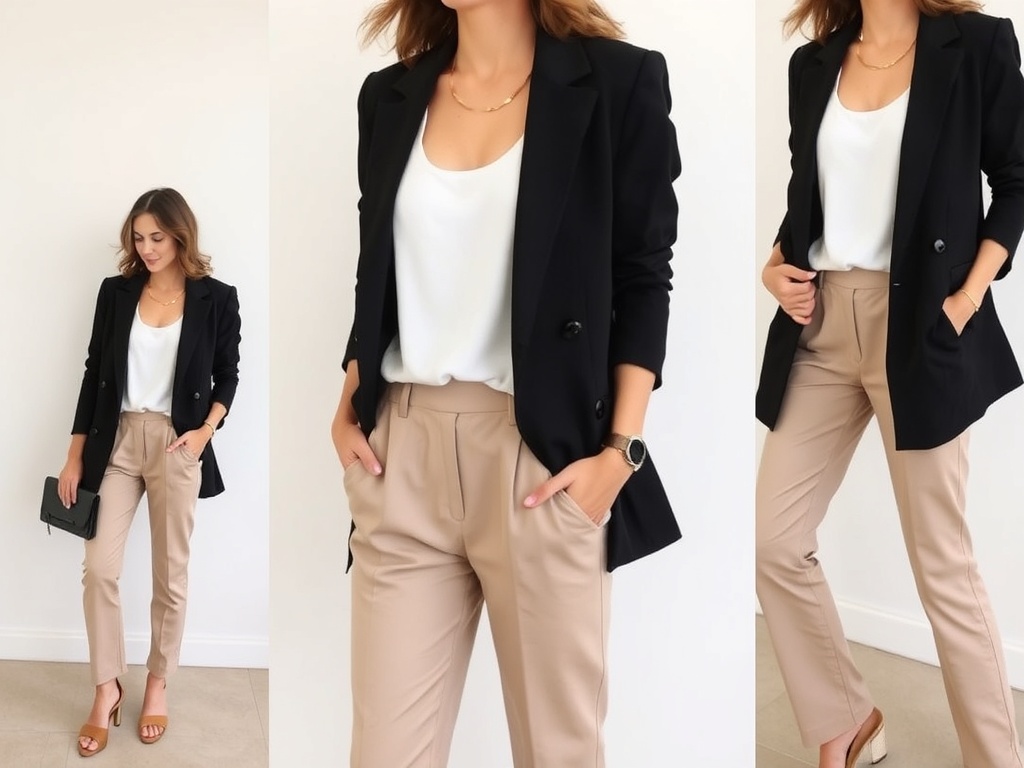 close up of neutral outfit combinations black blazer white tank beige trousers styled multiple ways