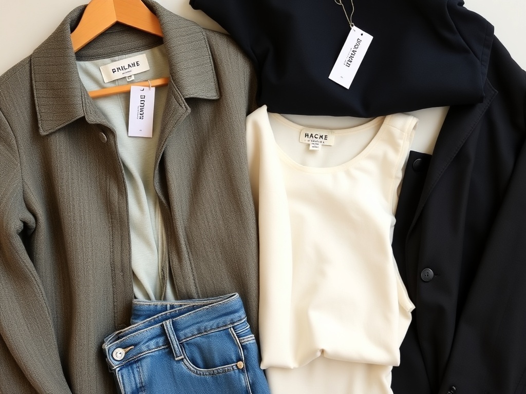 flat lay of affordable capsule wardrobe pieces with price tags visible styled clean and modern