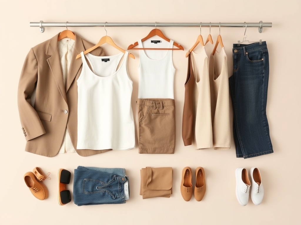 minimal neutral capsule wardrobe neatly arranged with blazer, trousers, tank tops, denim and gold accessories on a soft neutral background