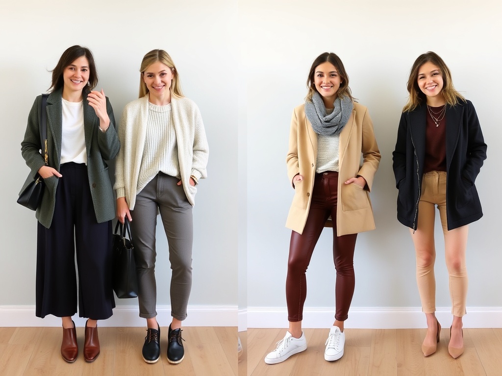 multiple outfit combinations from same capsule wardrobe displayed side by side showing versatility