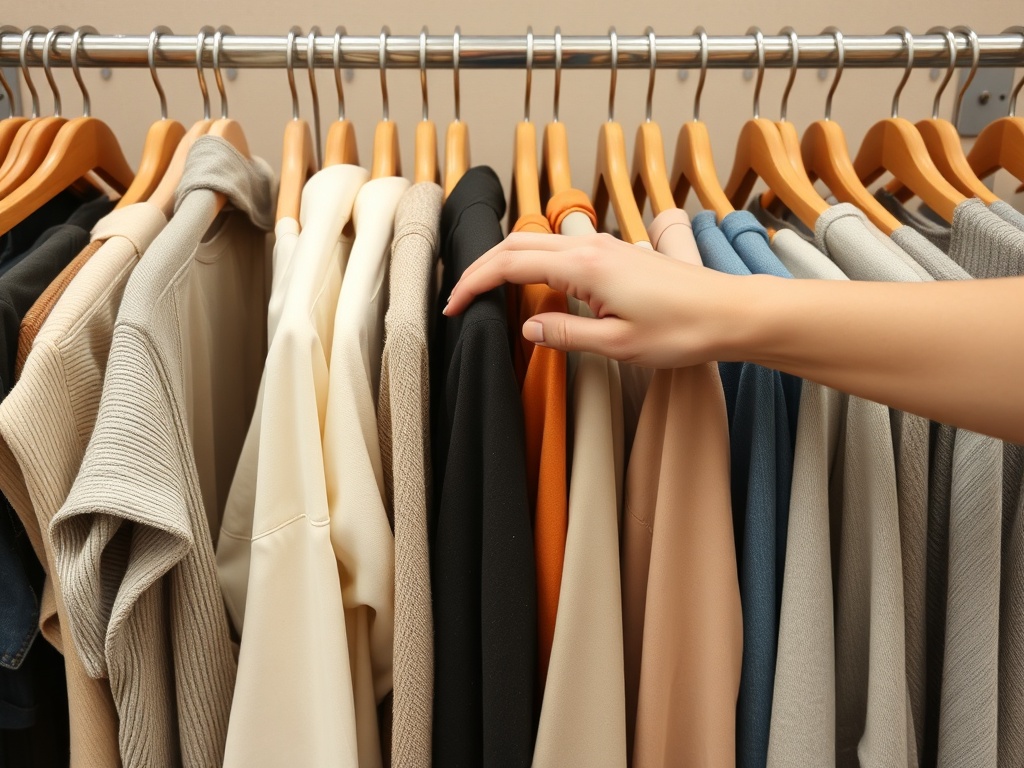 thrift store rack with high quality neutral clothing pieces being selected by hand