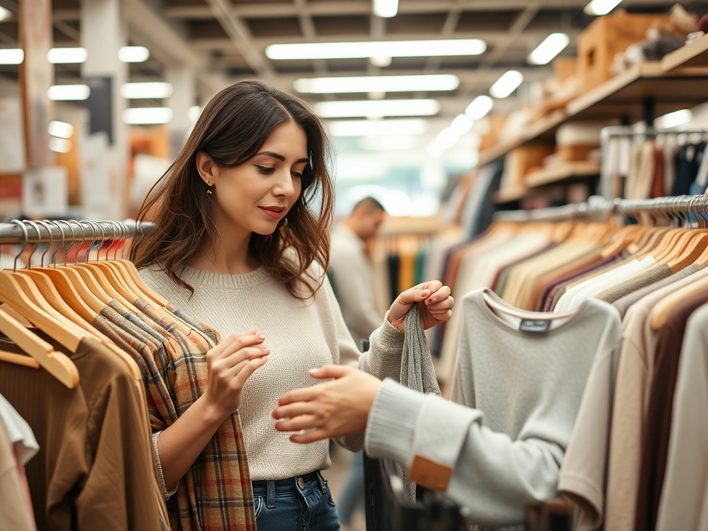 woman shopping in thrift store holding neutral clothing pieces evaluating quality tags