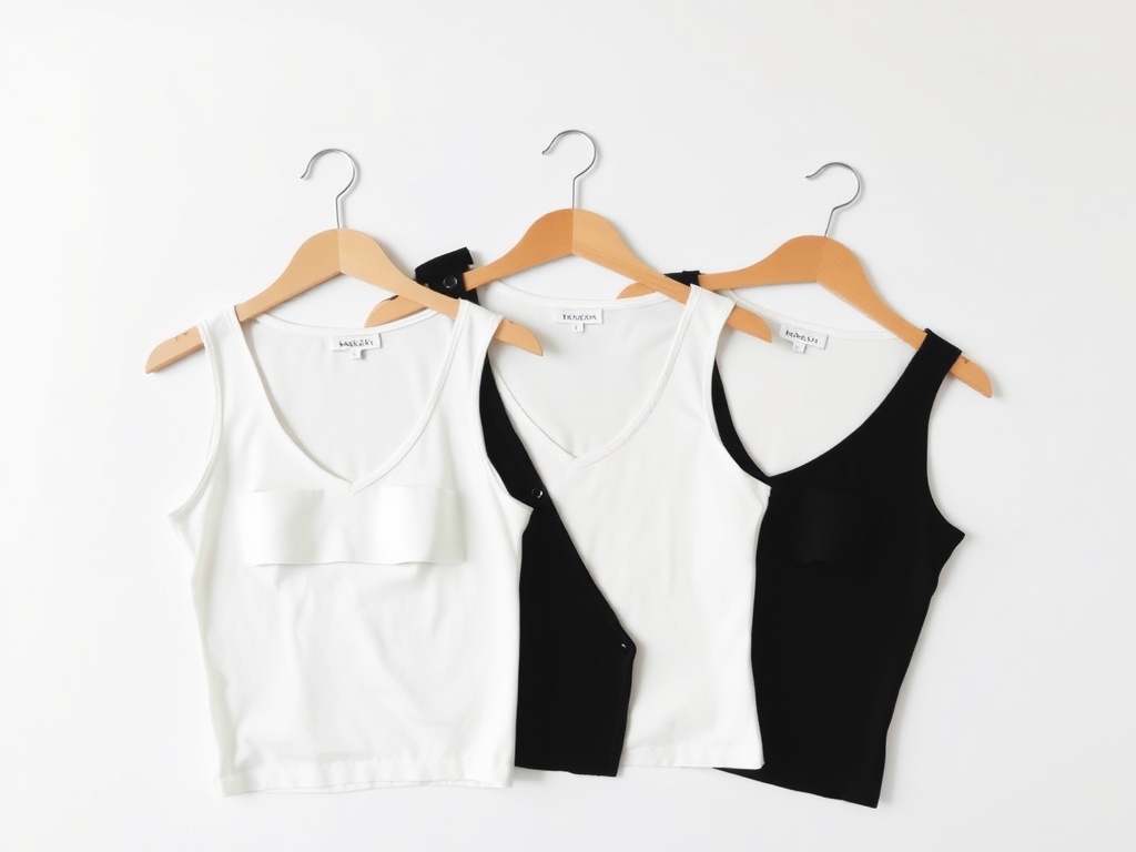 three neutral tops laid out white black beige minimalist aesthetic