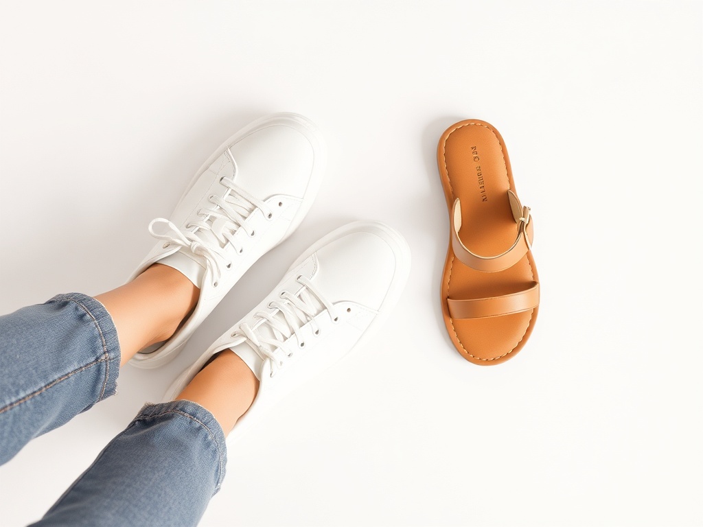 white sneakers and simple sandals minimal fashion flat lay neutral tones