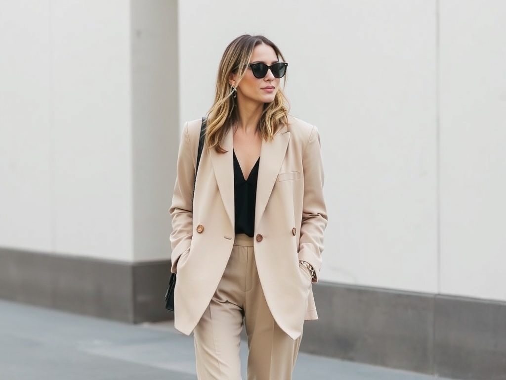 woman wearing neutral blazer outfit casual chic street style minimal budget fashion