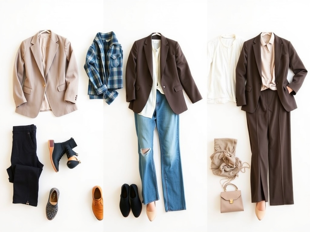 capsule wardrobe outfit combinations laid out with blazer, jeans, trousers, and neutral tops styled in different ways