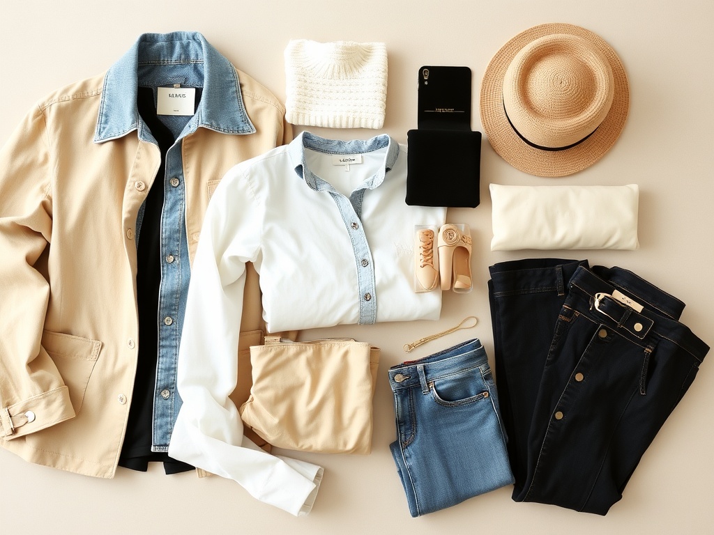 neutral capsule wardrobe flat lay with beige, black, white, and denim pieces styled together