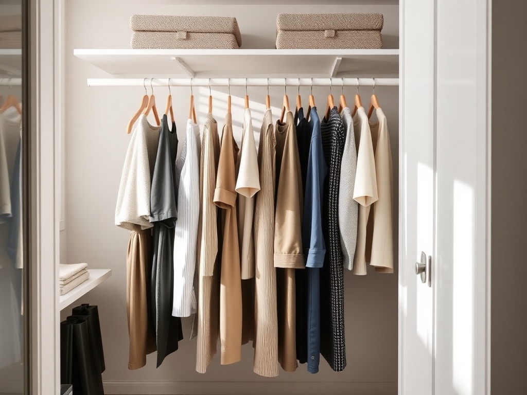 organized minimal closet with neutral clothing pieces neatly hung, soft natural lighting, modern aesthetic