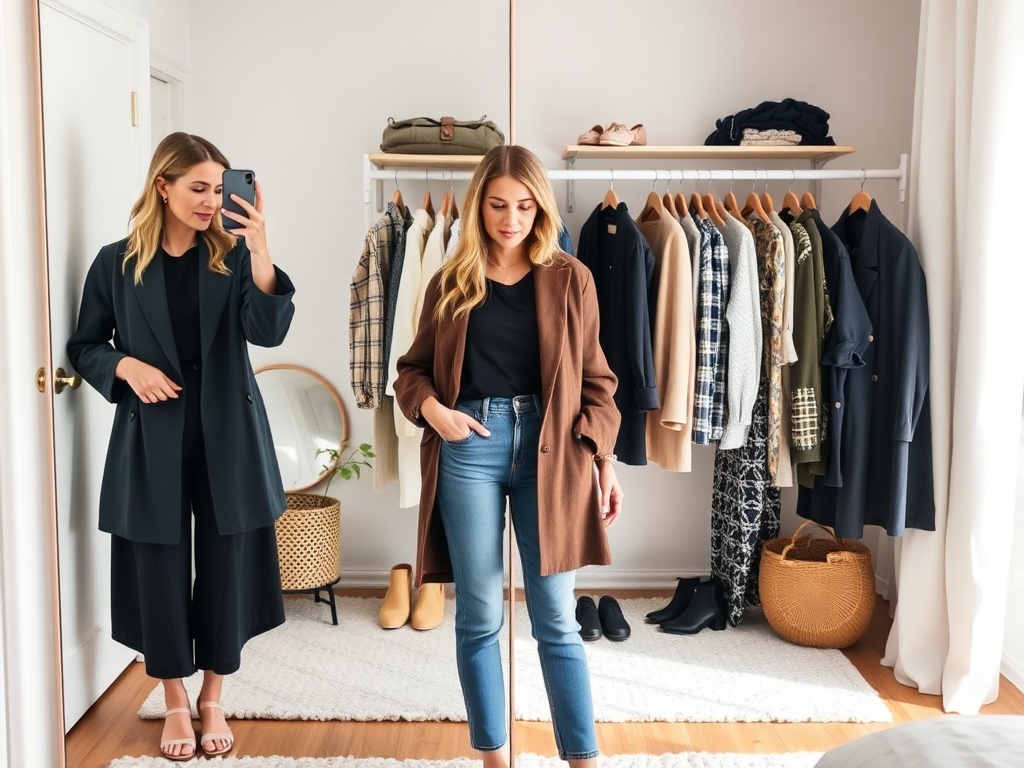 woman styling multiple outfits from same capsule wardrobe pieces in a bright modern bedroom mirror