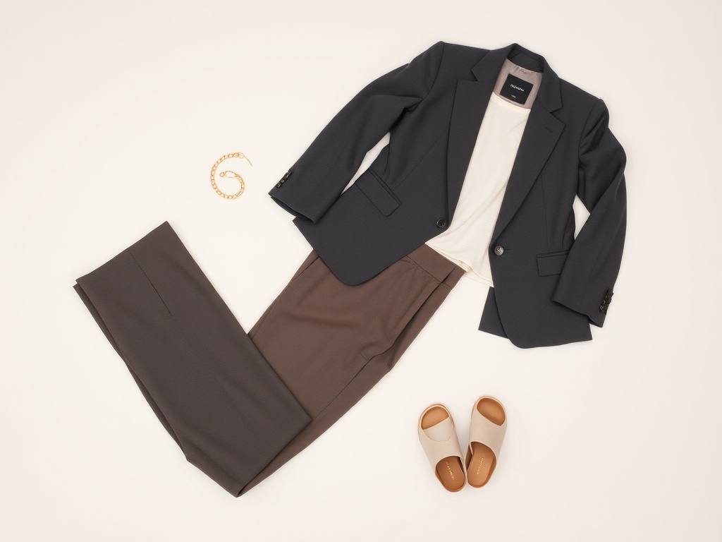 flat lay of a minimalist outfit including blazer, trousers, tank top and gold accessories on neutral background, clean aesthetic