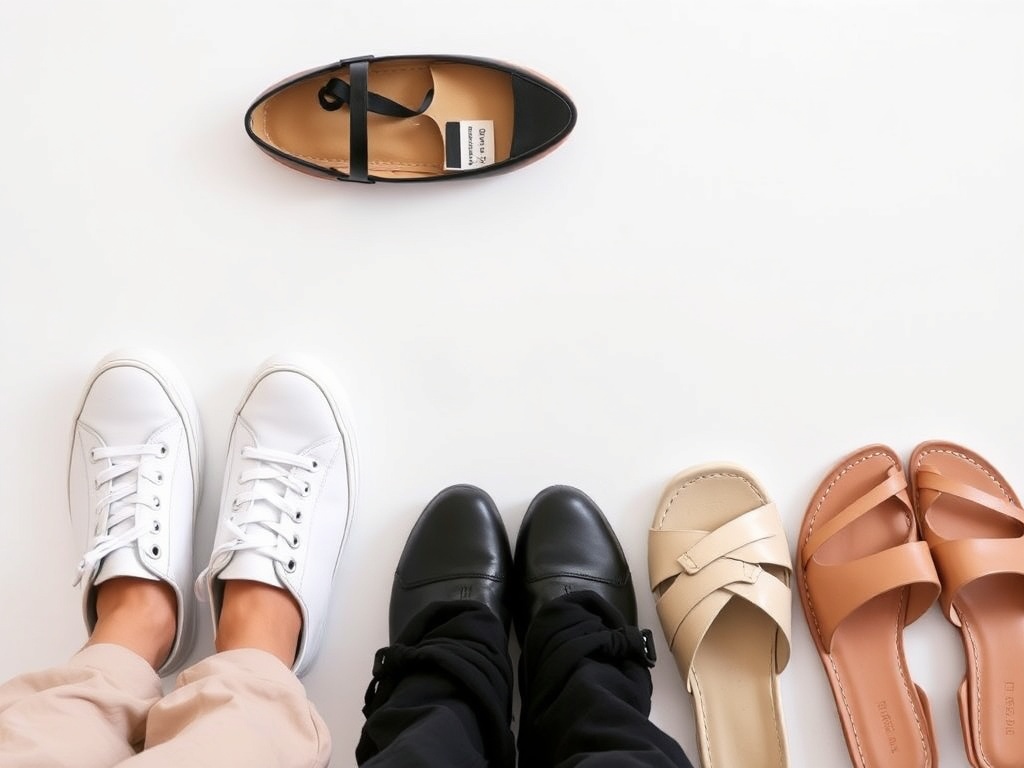 minimalist wardrobe with clean white sneakers, black flats and neutral sandals arranged neatly