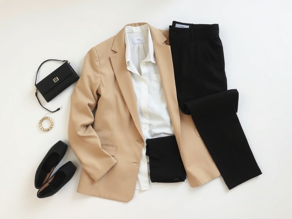 neutral capsule wardrobe pieces laid out including beige blazer, white shirt, black trousers and simple accessories, soft lighting