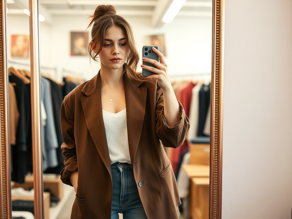 woman trying on oversized blazer in thrift store mirror, casual but stylish look, natural lighting