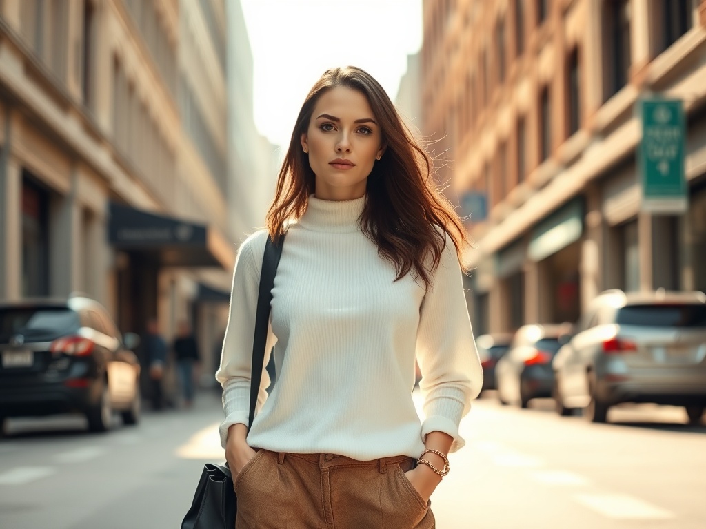 confident woman in neutral outfit standing in city street natural light minimal style clean aesthetic