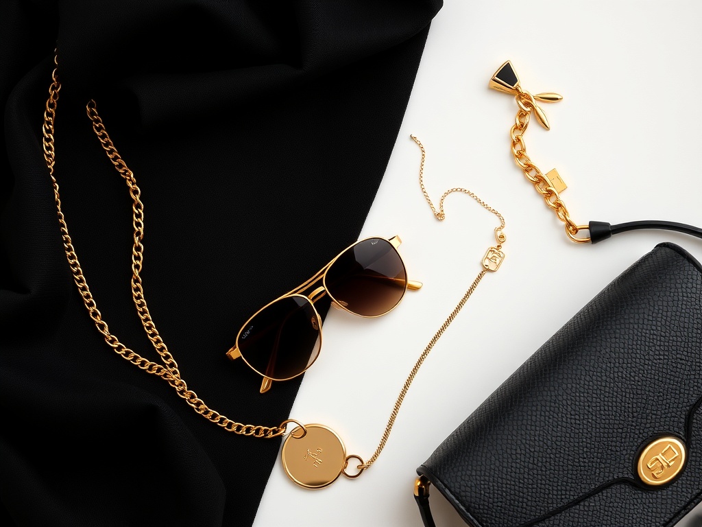 flat lay of gold jewelry sunglasses bag minimal accessories stylish layout