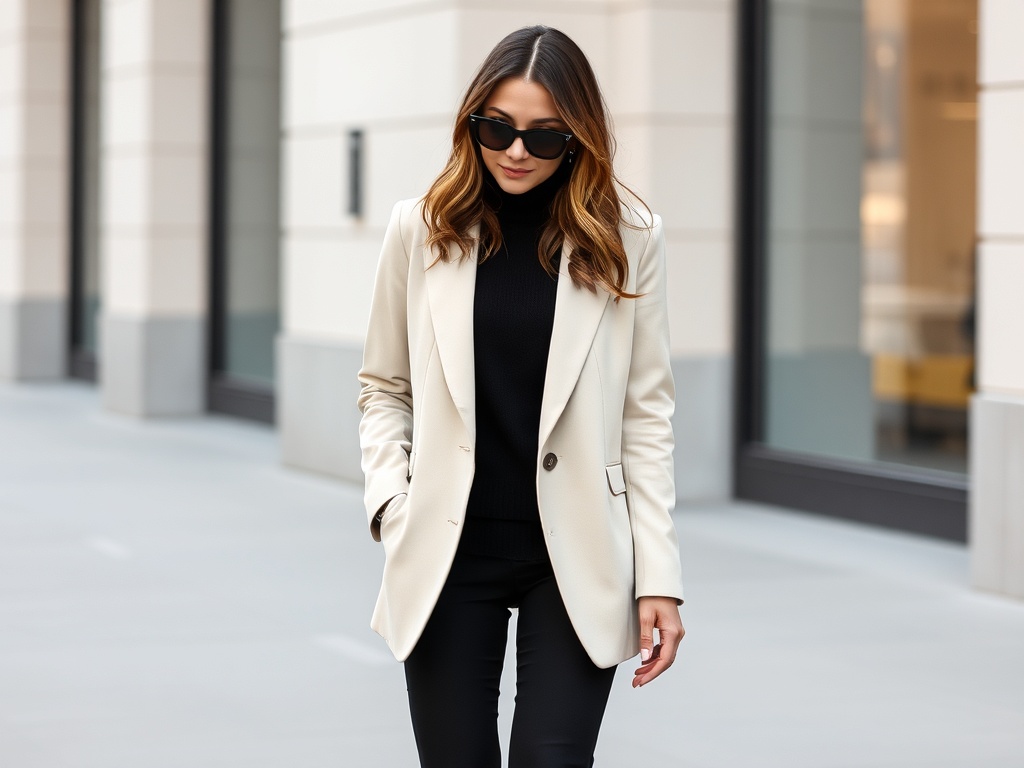 neutral blazer styled over simple outfit minimal fashion clean modern street style