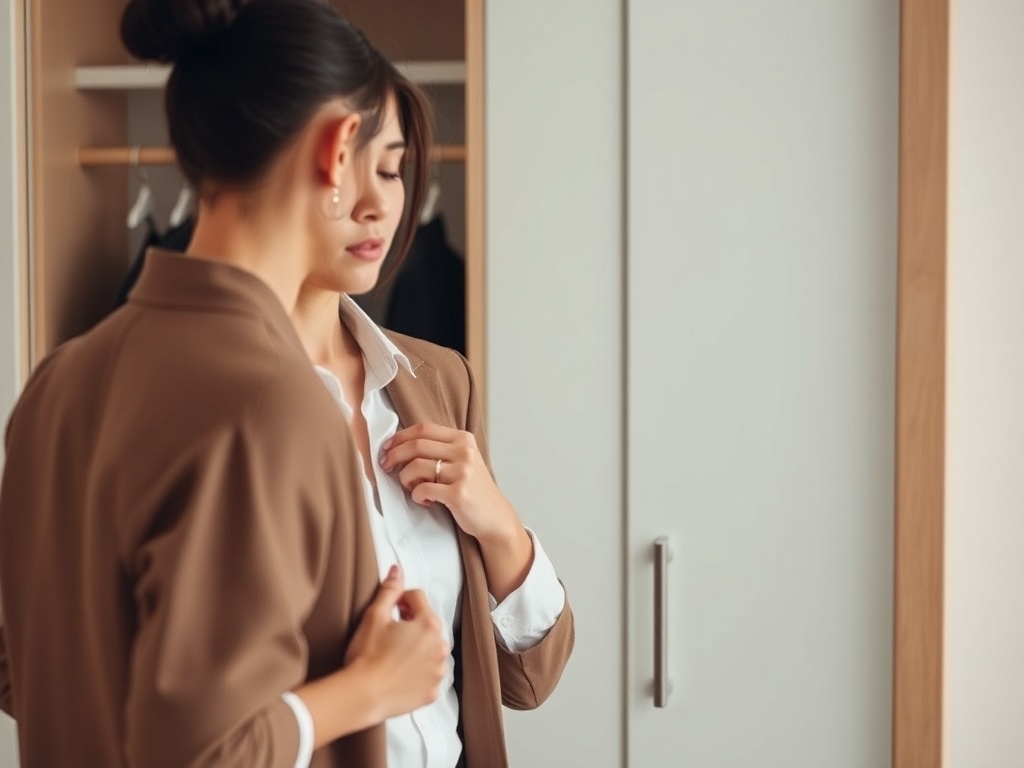 woman adjusting outfit mirror tucking shirt styling outfit clean modern minimal wardrobe