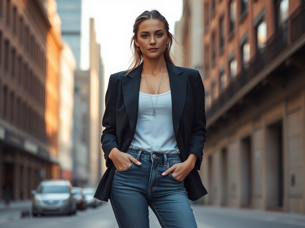 woman wearing blazer jeans white tank minimal chic outfit city background natural light