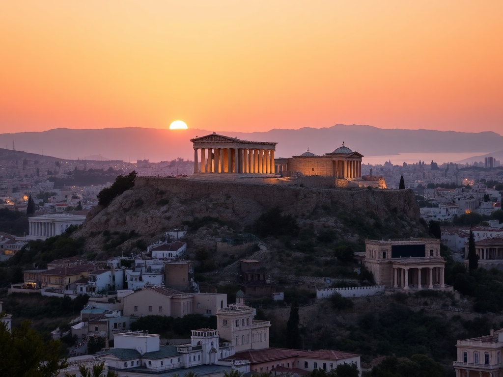 Athens acropolis view with cityscape at sunset, warm Mediterranean tones