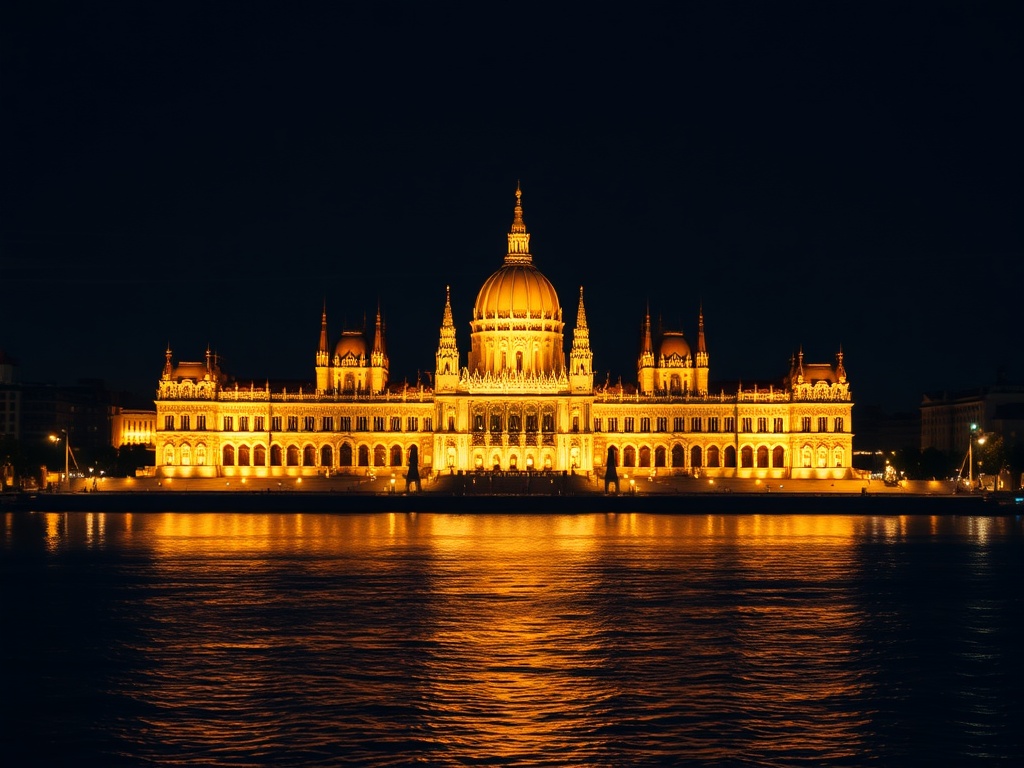 Budapest parliament building glowing at night reflected on Danube river, dramatic lighting