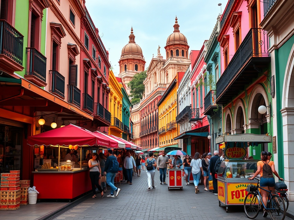 colorful Mexico City street with street food vendors and colonial buildings, vibrant scene