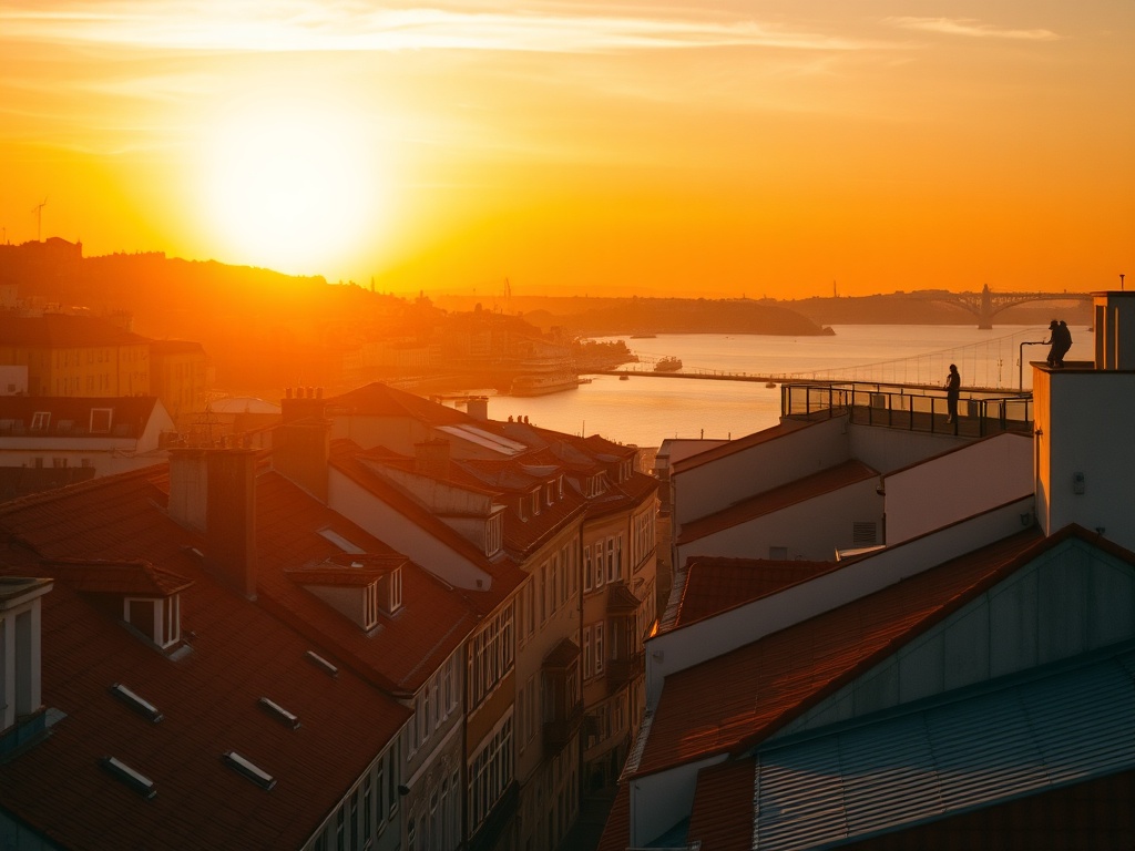 golden sunset over Lisbon rooftops with tram and river view, warm tones, cinematic travel photography