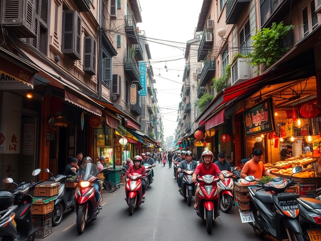 Hanoi old quarter street with motorbikes and food stalls, bustling authentic atmosphere