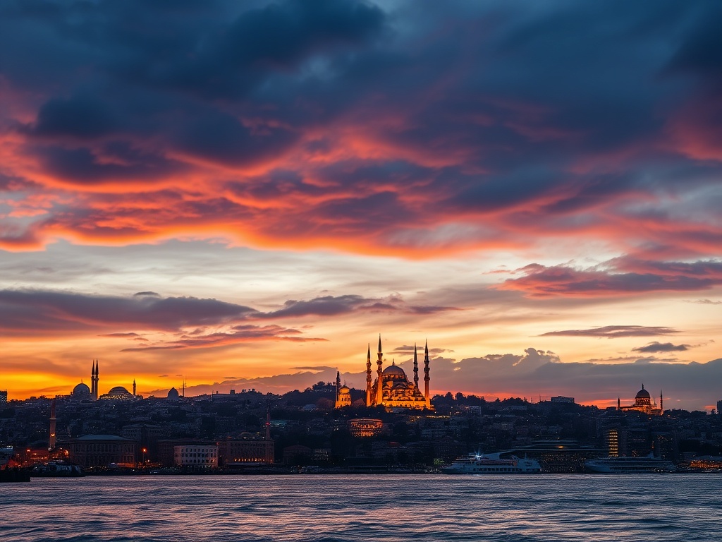 Istanbul skyline with mosques and Bosphorus at sunset, dramatic sky and city lights
