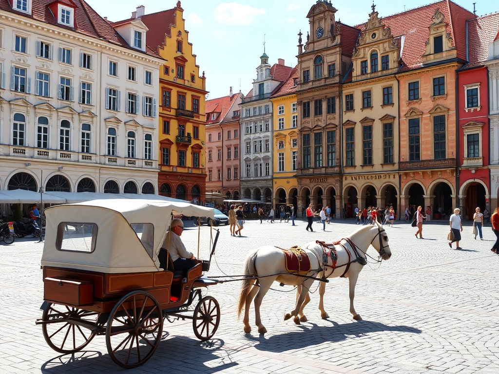 Krakow main square with historic buildings and horse carriage, bright daytime scene