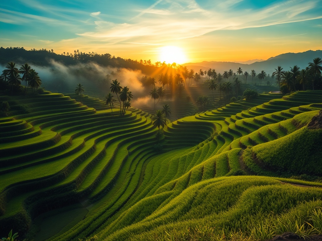 lush Bali rice terraces with tropical sunrise mist, serene and luxurious atmosphere
