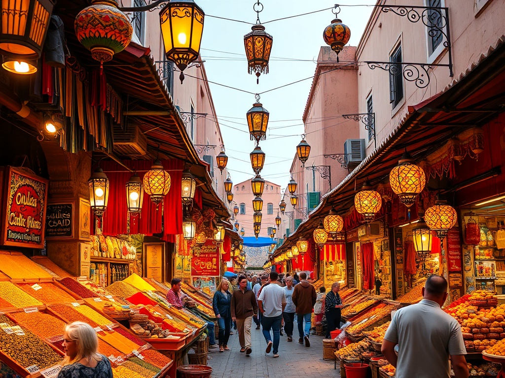 Marrakech market with colorful spices, lanterns, and bustling souk scene