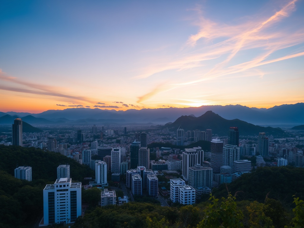 Medellin skyline surrounded by mountains at sunset, modern yet lush urban scene