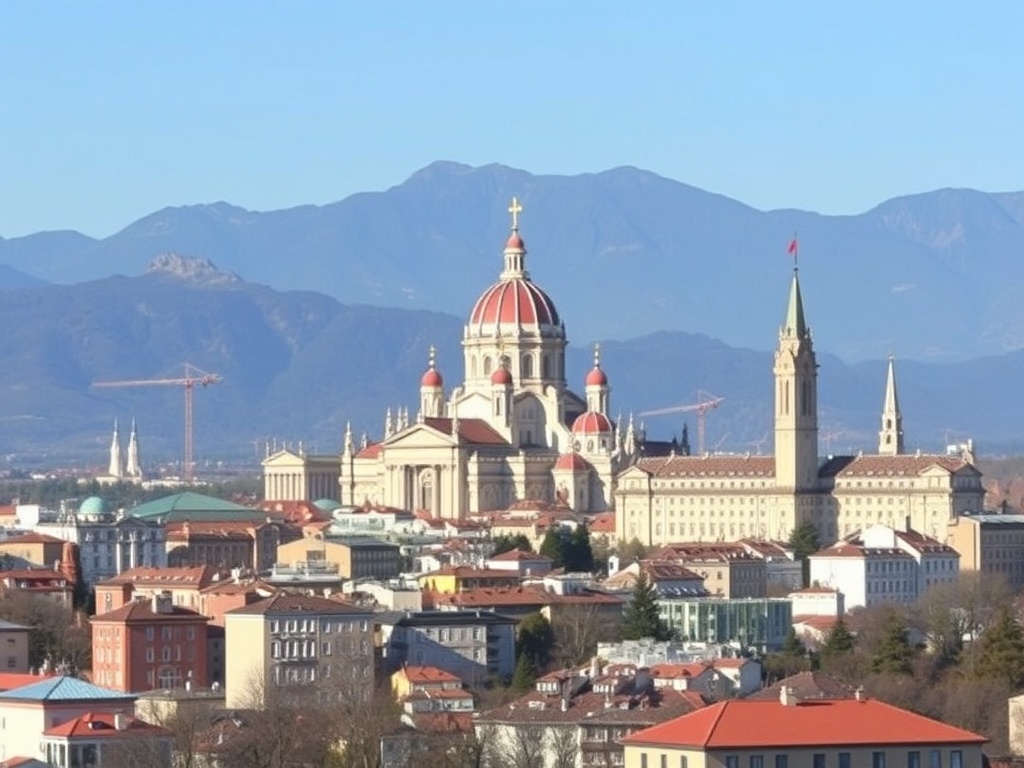 Sofia city with cathedral and mountains in background, clean crisp daylight