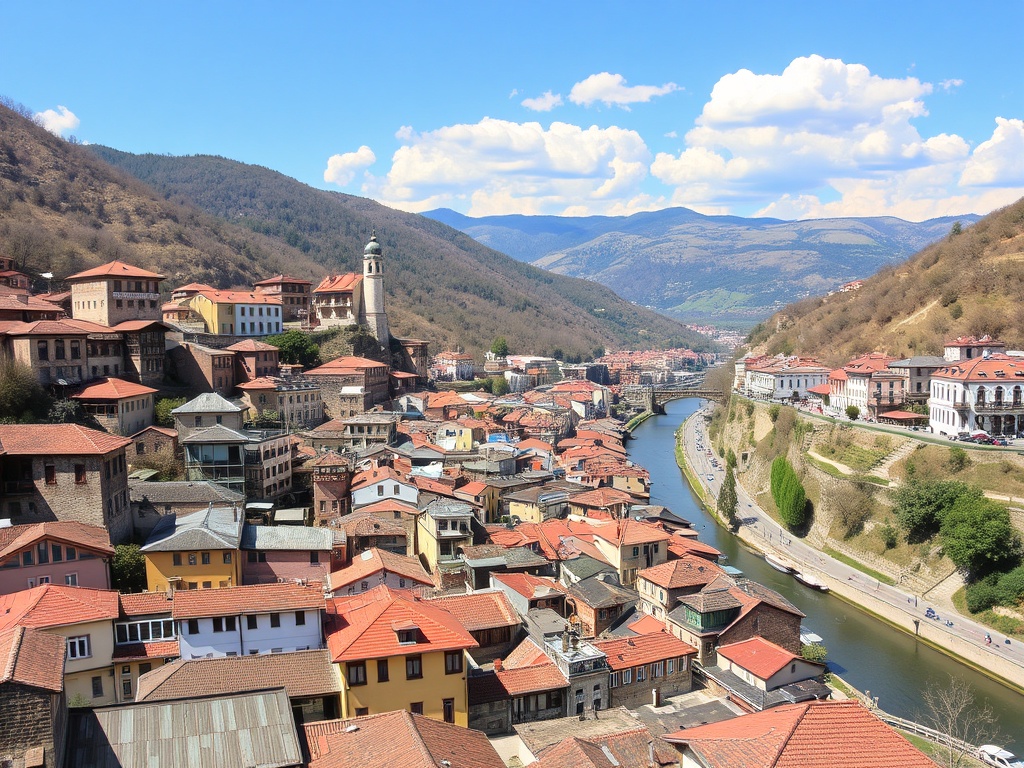 Tbilisi old town with colorful houses and river valley, scenic hillside view