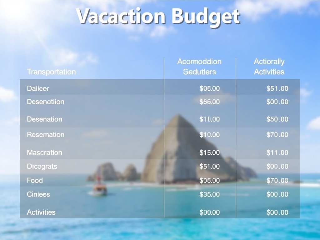 An organized vacation budget with categories like transportation, accommodation, food, and activities