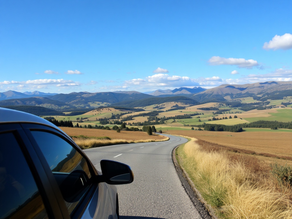 Road trip across scenic countryside with a car and scenic views