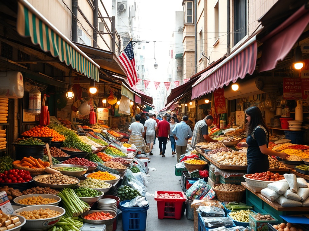 a bustling market in a foreign city selling local food