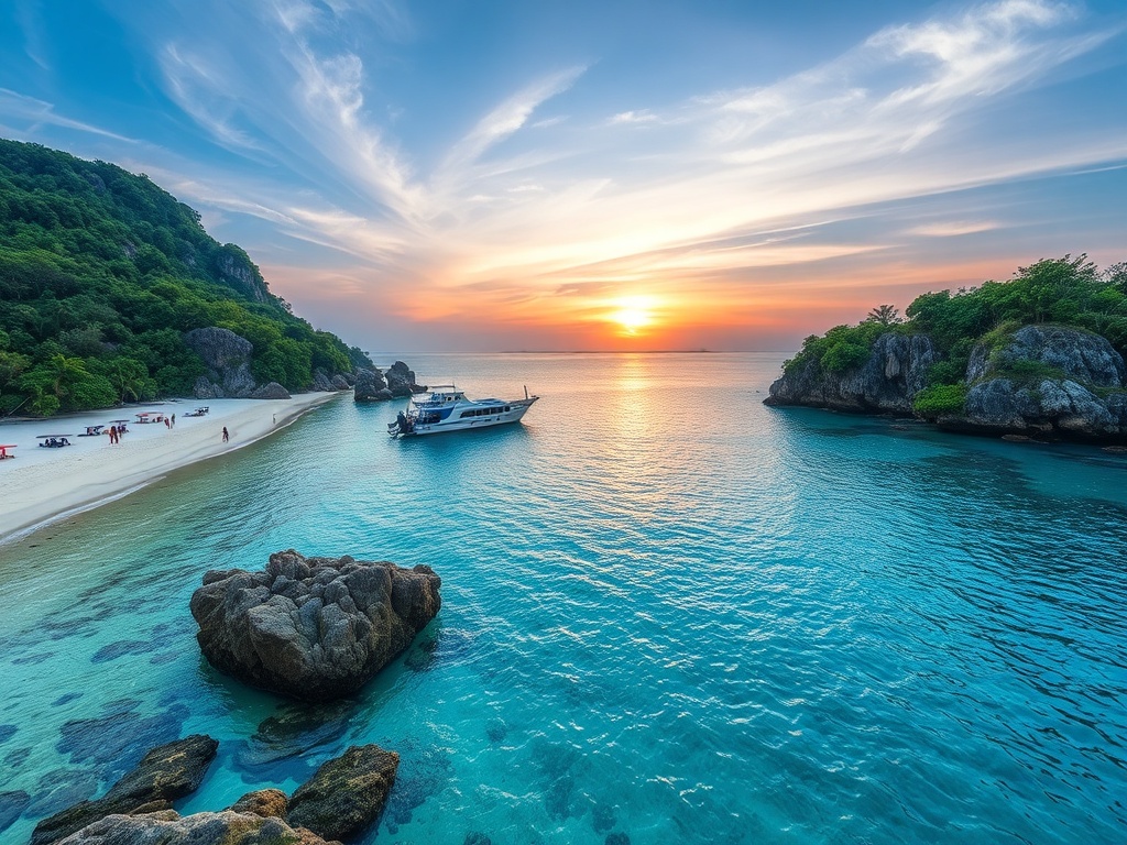 a scenic view of a Southeast Asian beach with vibrant colors