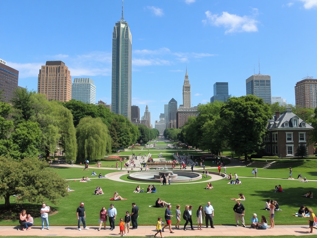a vibrant city park with people enjoying nature
