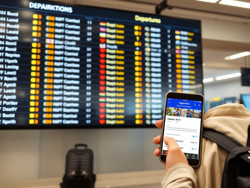 airport departure board with multiple destinations and a traveler checking phone for deals
