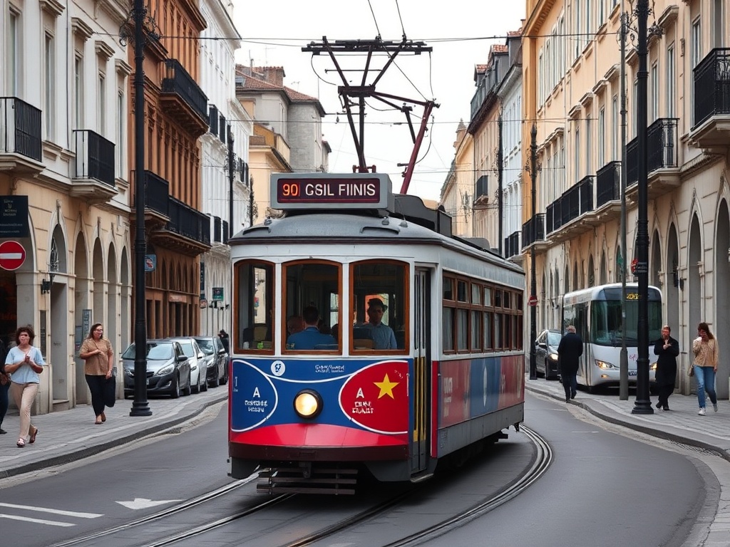 city tram moving through historic streets with locals commuting