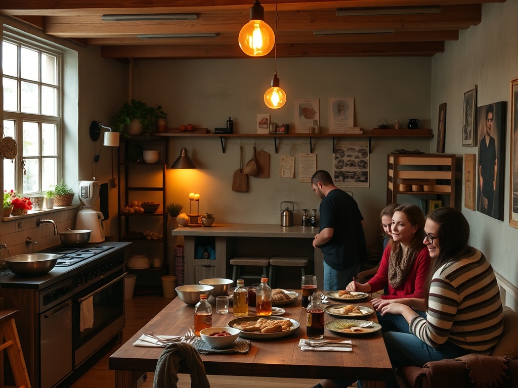 cozy hostel common area with travelers cooking and chatting, warm lighting