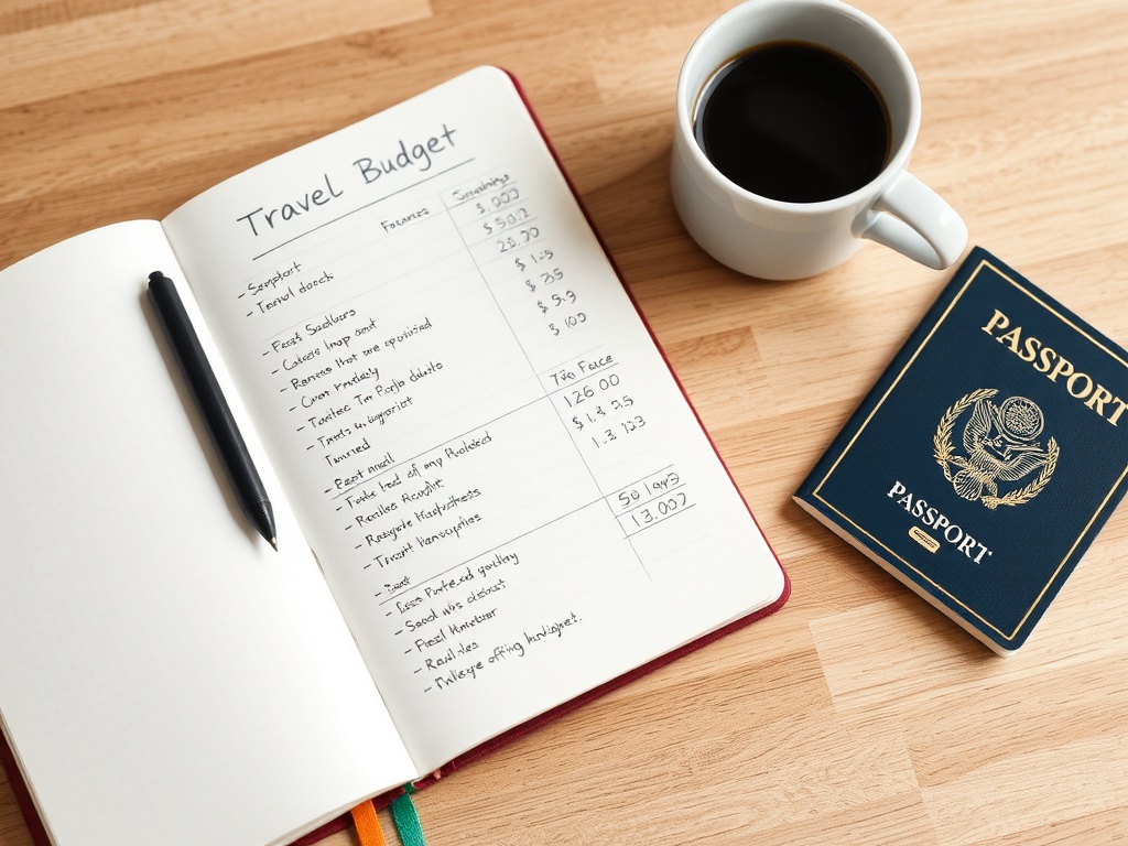 minimalist travel budget notebook with handwritten expenses, coffee and passport on table