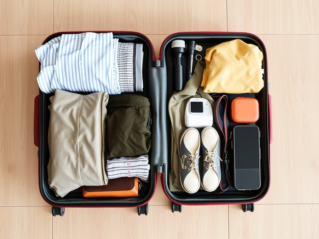 organized carry-on suitcase with neatly packed clothes and travel essentials