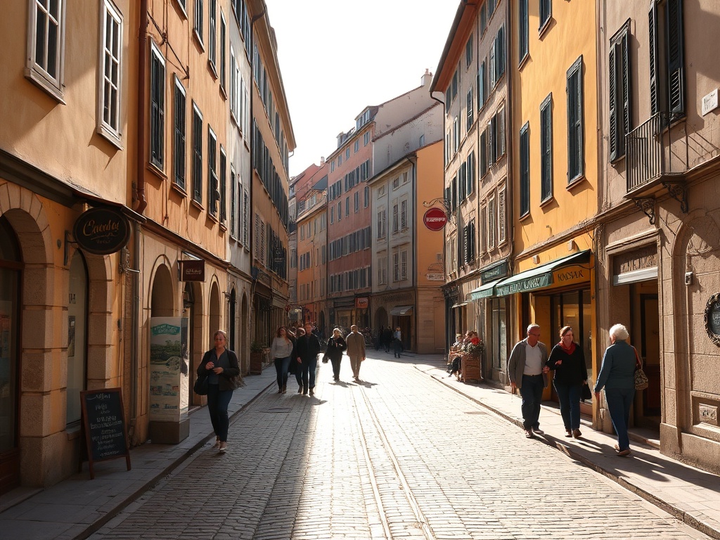 quiet European old town street during shoulder season with few tourists and warm sunlight