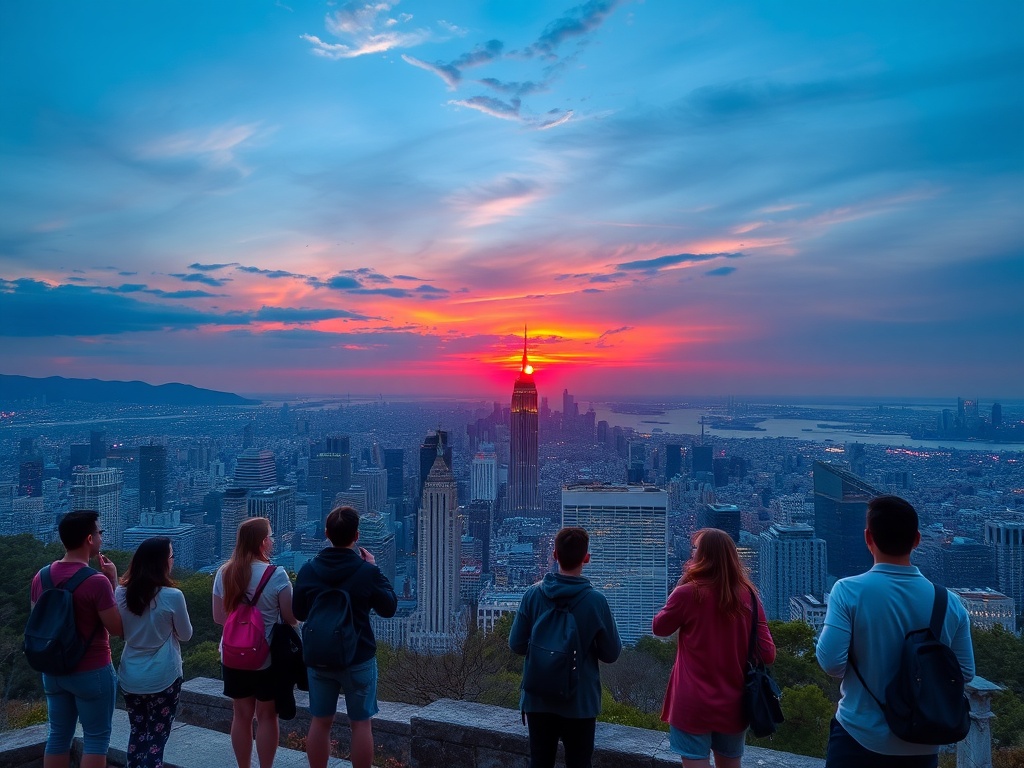 scenic viewpoint overlooking city skyline at sunset with travelers enjoying view